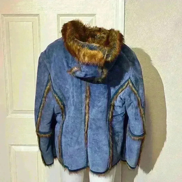 The LOOK Randolph Duke Womens Suede & Faux Fur Blue Fox Jacket Hood Size Large - Picture 2 of 16